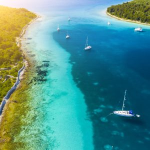 Aerial view of Kornati island archipelago at sunrise. Kornati National Park, Croatia.