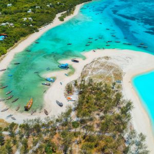 Aerial view of the fishing boats on tropical sea coast