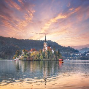 Astonishing sunset view of popular tourist destination  Bled lak
