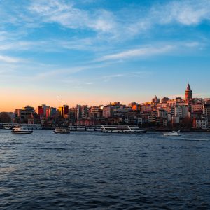 Boats in sea and scenic sunset in Istanbul