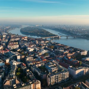 Budapest sunrise skyline, aerial view. Danube river, Buda side, Hungary