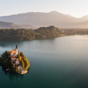 Historical church on island in tle middle of Bled lake