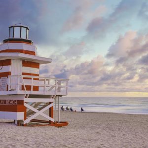 Lifeguard hut on the beach in Miami Florida, colorful hut on the beach during sunrise Miami Beach
