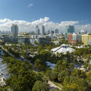 Miami Beach city American southern architecture. South Beach high luxurious hotels and apartment buildings. Tourist infrastructure in southern Florida, USA