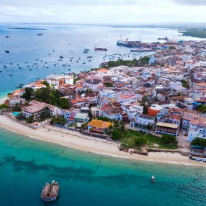 View of the tropical island of Zanzibar, featuring a serene bay